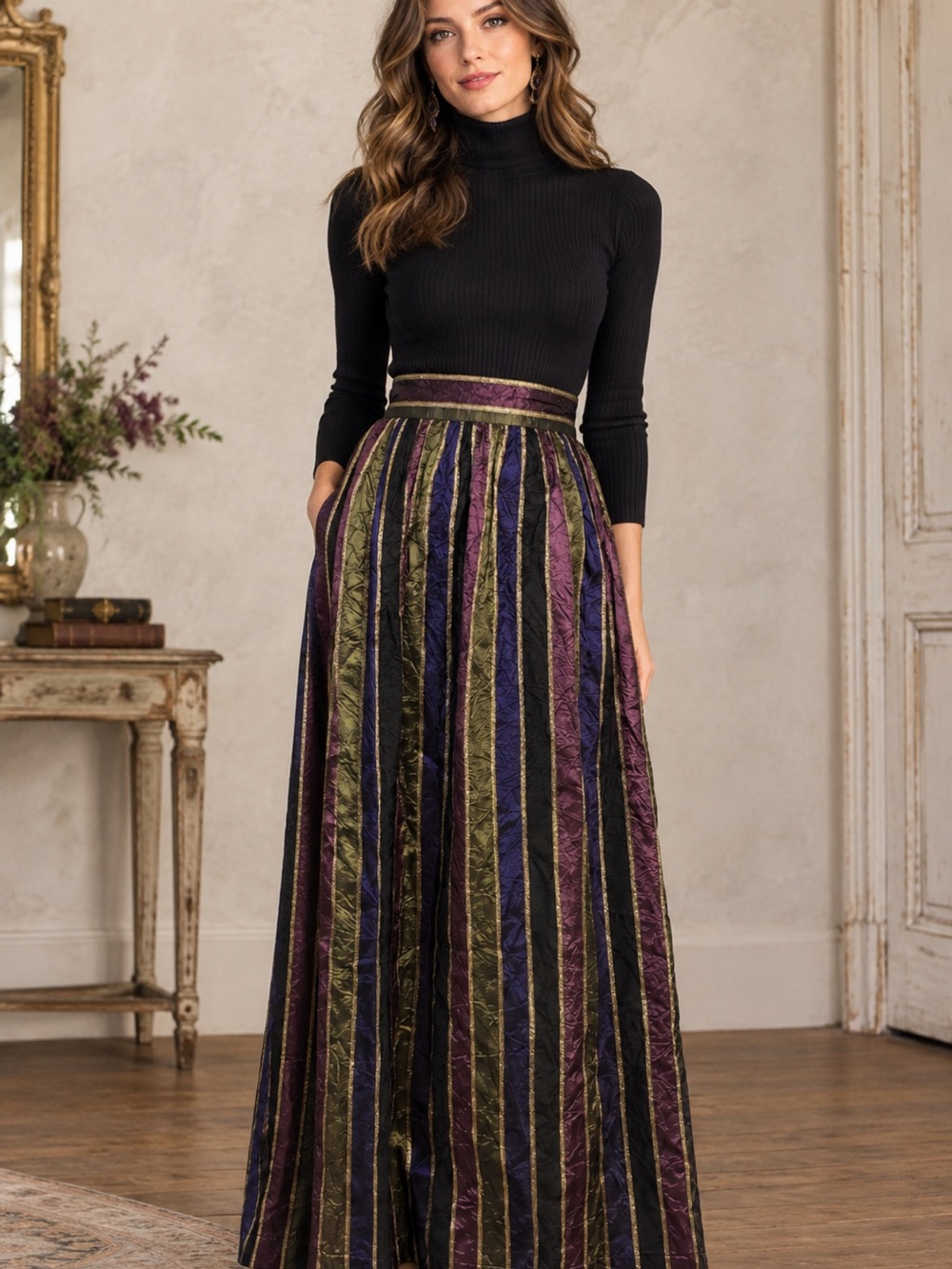Handmade vintage Metallic Striped Maxi Skirt in Black Purple Olive